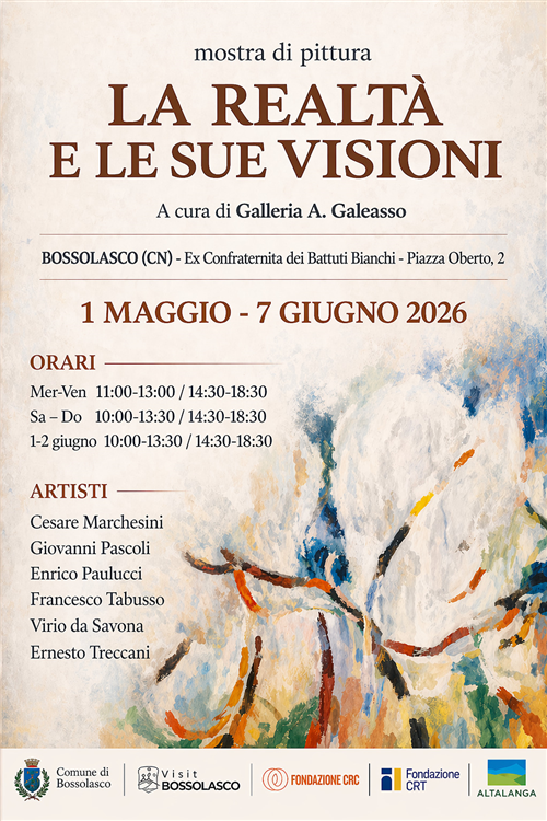BOSSOLASCO ACCOGLIE <LA REALTÀ E LE SUE VISIONI>
Dal 1° maggio al 7 giugno 2026 allEx Confraternita dei Battuti Bianchi la mostra di pittura a cura di Galleria A. Galeasso