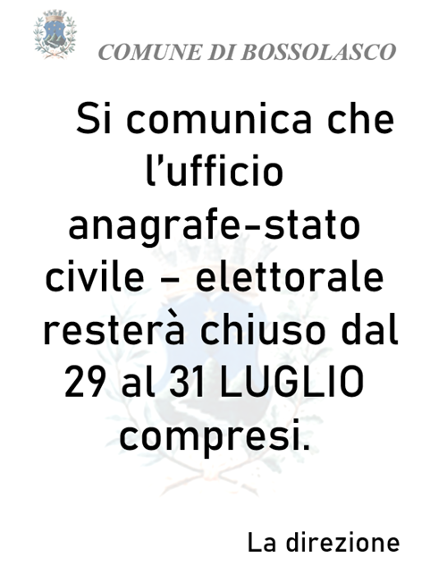 Chiusura uffici anagrafe-stato civile-elettorale