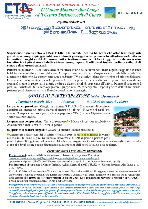 Soggiorno Marino - Organizzato da: Unione Montana Alta Langa - Centro Turistico Acli di Cuneo