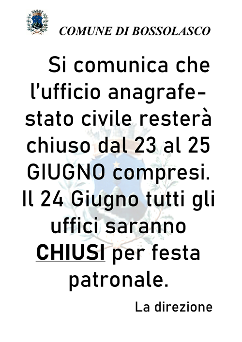 Chiusura ufficio Anagrafe-Stato Civile