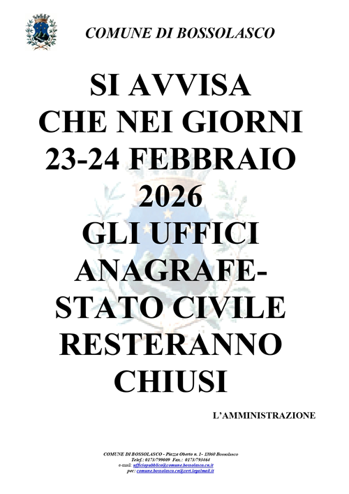 Chiusura Ufficio Anagrafe - Stato Civile